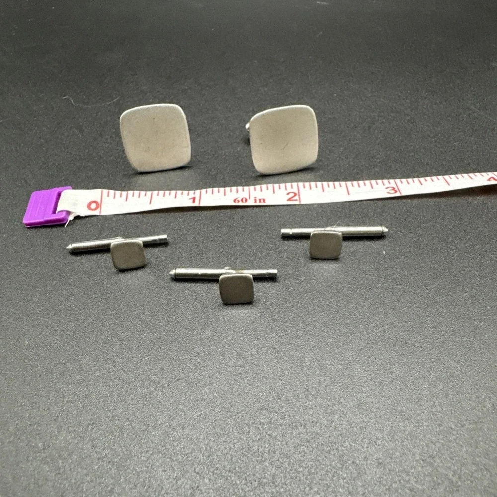 Vintage Silver Satin Cufflinks Button‎ Stud Set